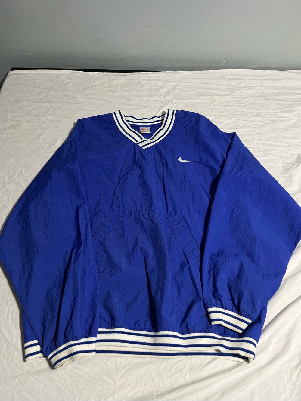 Nike Blue V-Neck Pullover Windbreaker with Striped Trim